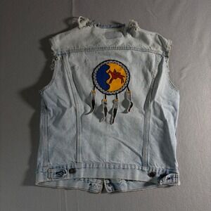 Vintage Type 3 Levis Denim Vest Light Wash Distressed Dreamcatcher Graphic Mens